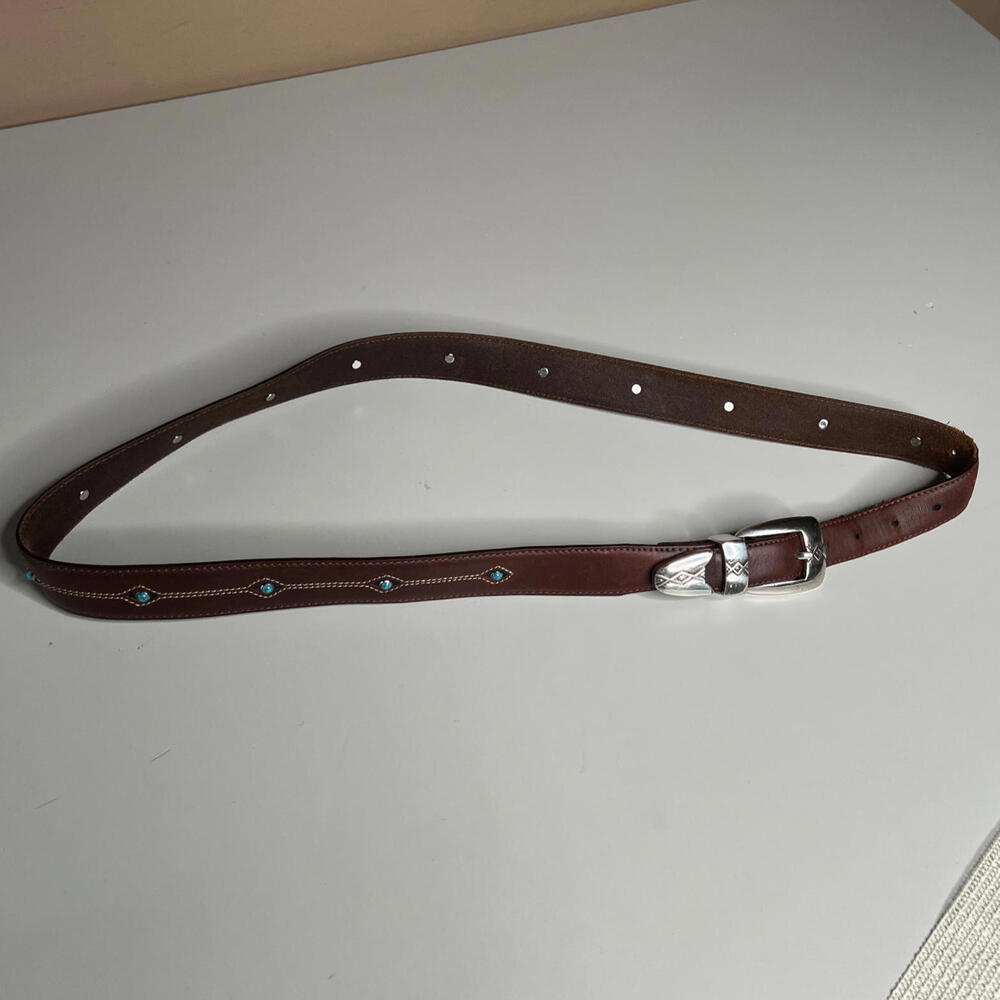Vintage Brighton Onyx Brown‎ Leather Belt Silver Western Buckle Studs Size 42
